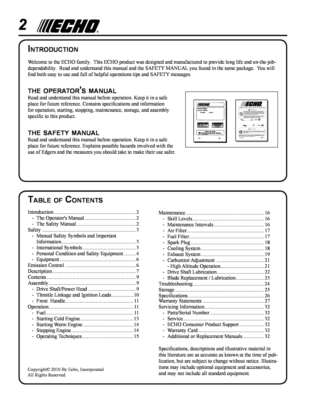 Echo PE-225 Introduction, the operators manual, the safety manual, Table of Contents 