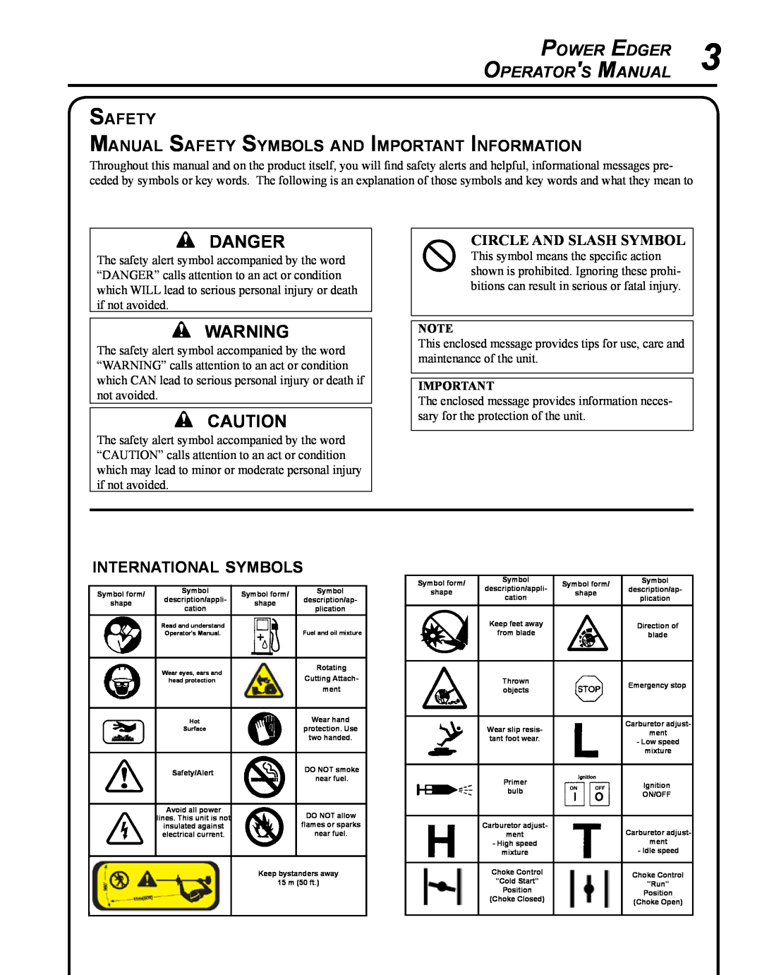 Echo PE-225 manual Danger, Power Edger, Operators Manual, Safety Manual Safety Symbols and Important Information 