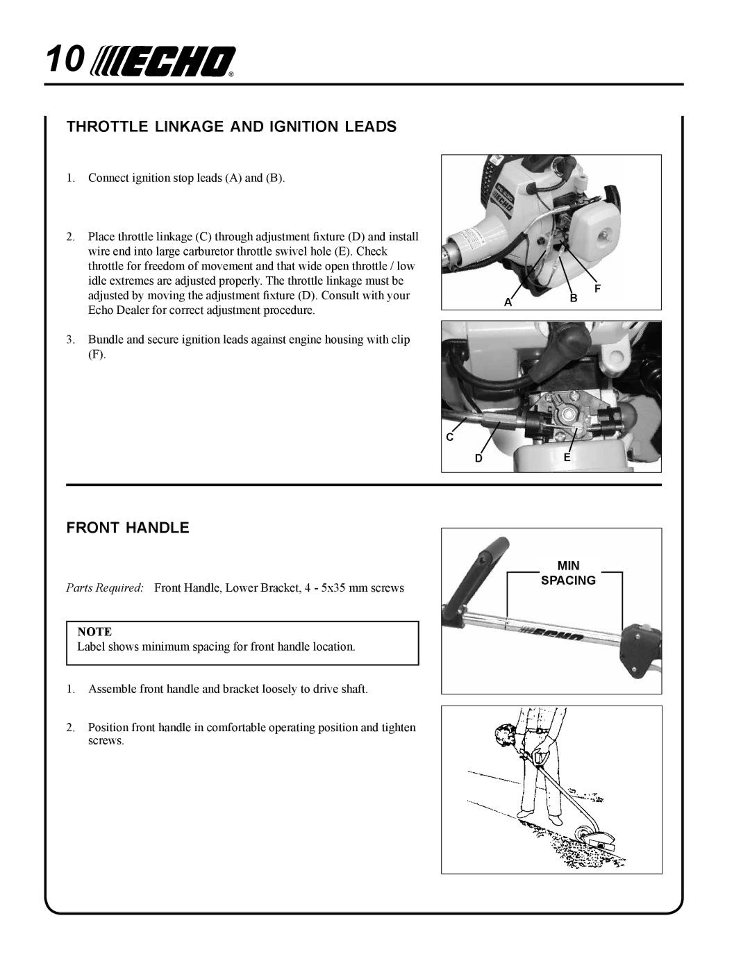 Echo PE-230 manual Throttle linkage and ignition leads, Front handle 