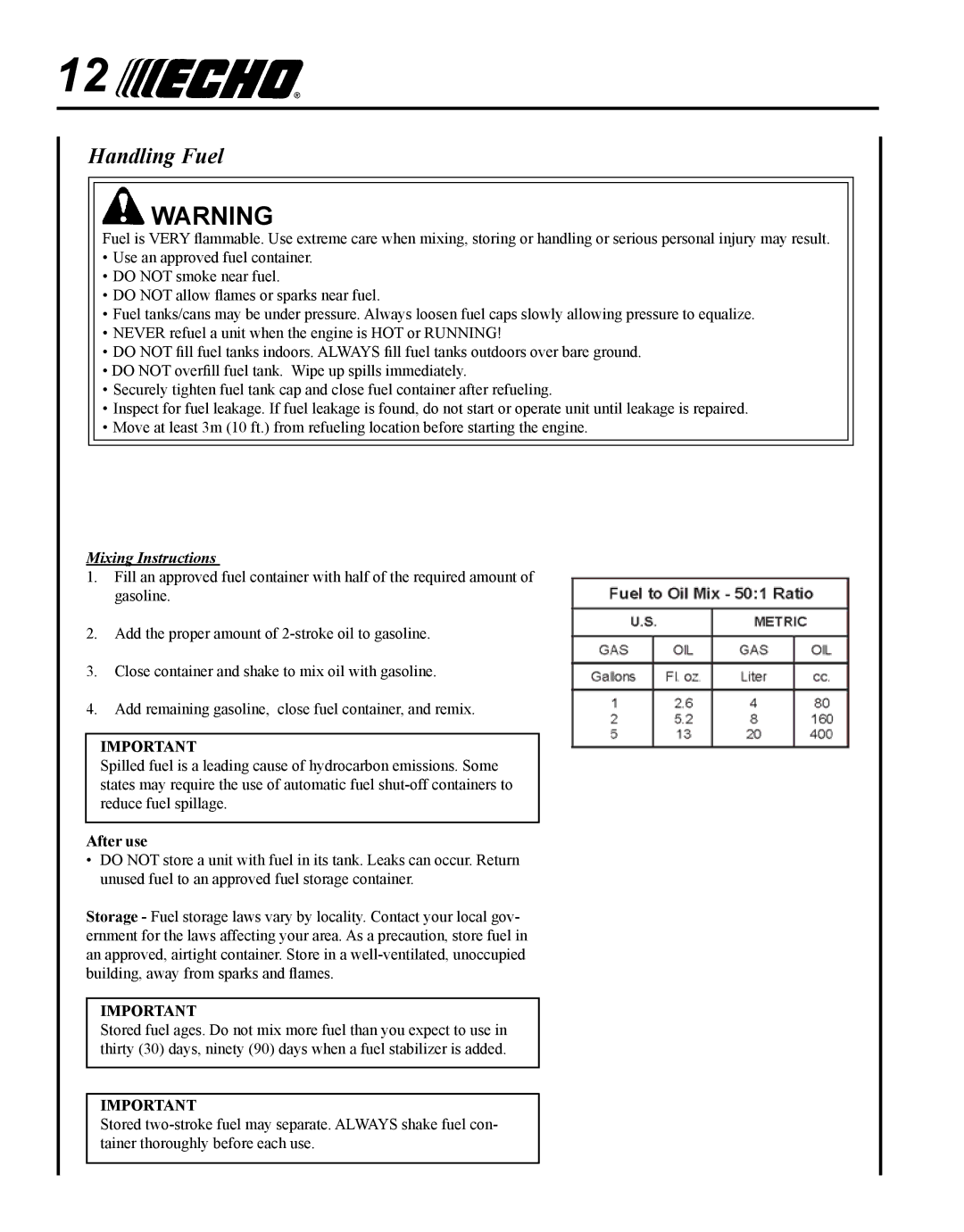 Echo PE-230 manual Handling Fuel, Mixing Instructions 