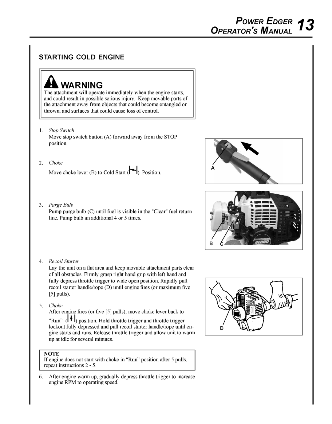 Echo PE-230 manual Starting cold engine, Purge Bulb 