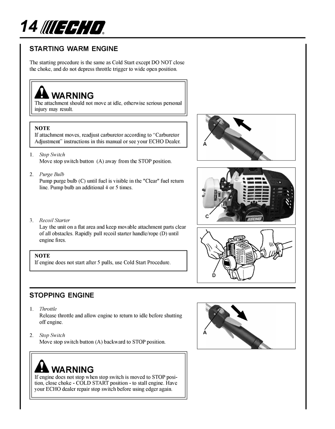 Echo PE-230 manual Starting warm engine, Stopping engine 