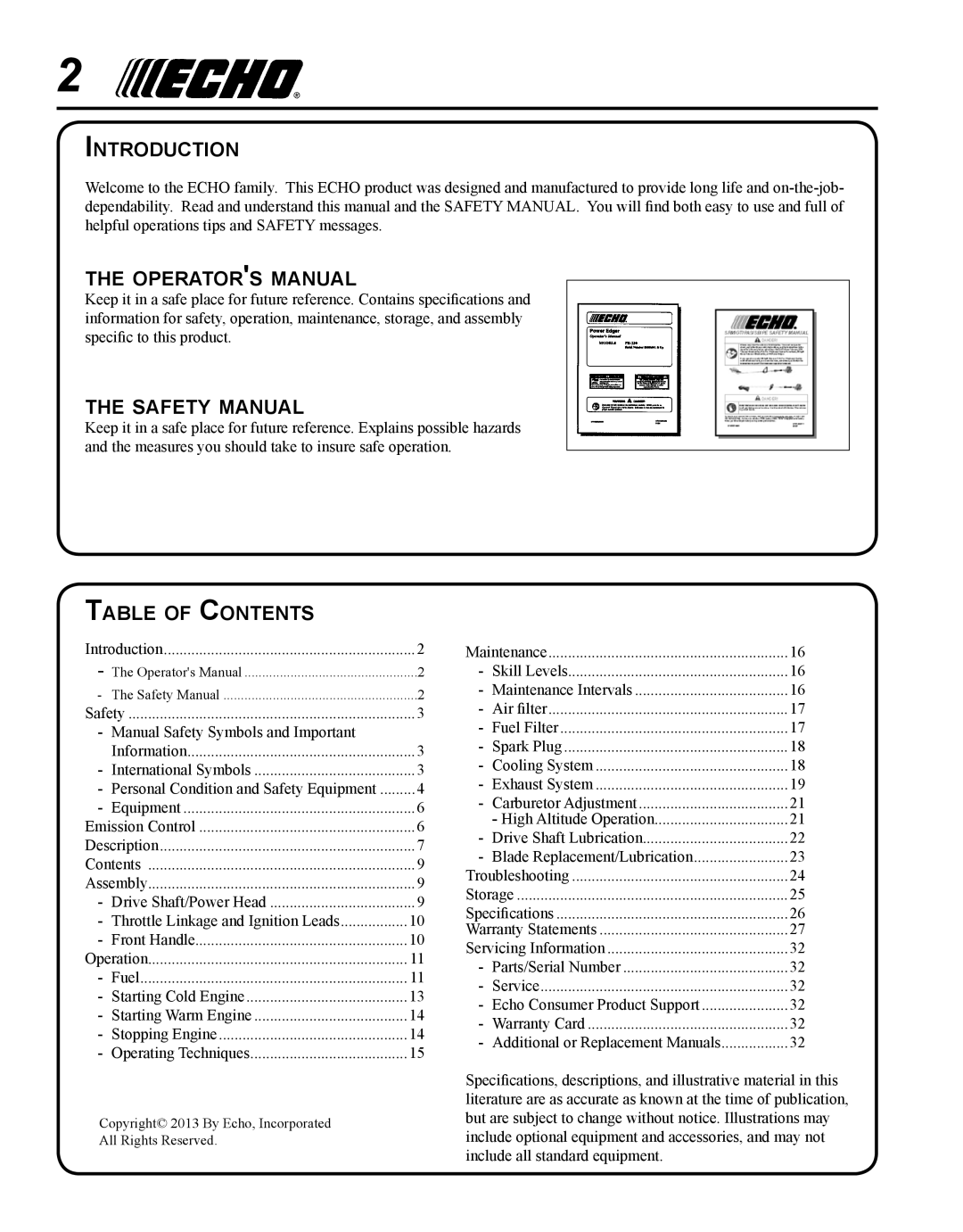 Echo PE-230 Introduction, Operators manual, Safety manual, Table of Contents 