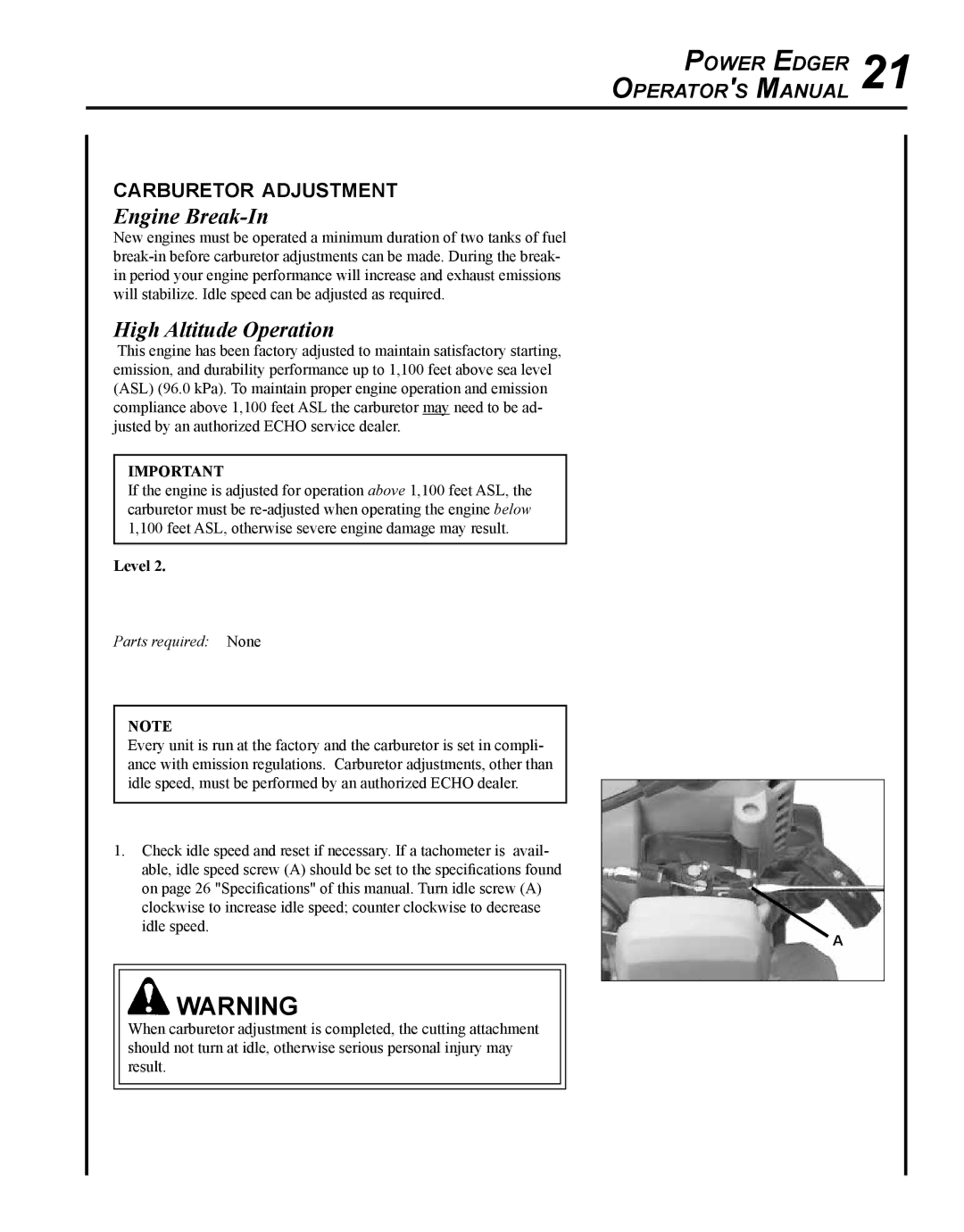 Echo PE-230 manual Engine Break-In, High Altitude Operation, Carburetor adjustment 