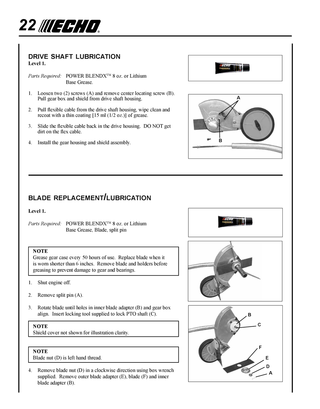 Echo PE-230 manual Drive shaft lubrication, Blade replacement/lubrication 