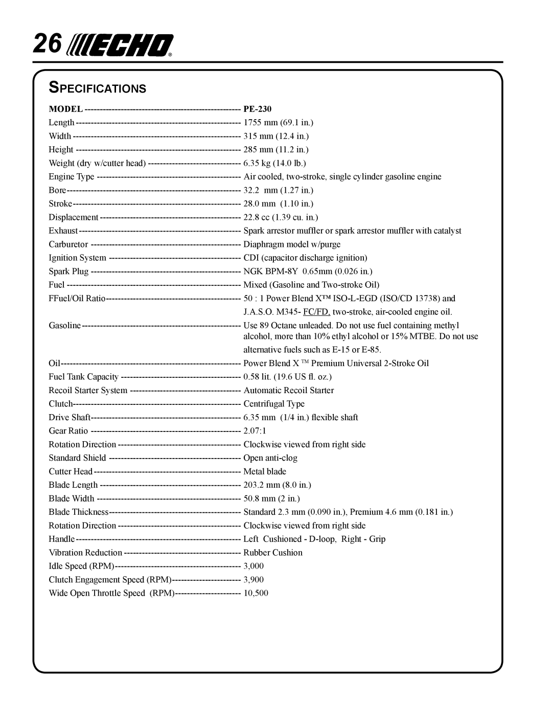 Echo manual Specifications, Model PE-230 