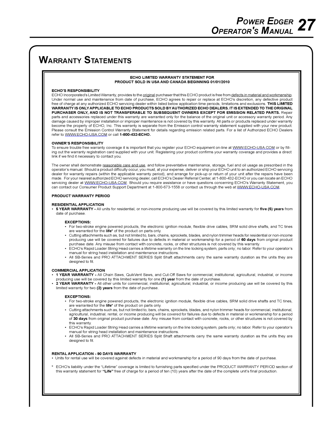 Echo PE-230 manual Warranty Statements, Exceptions 