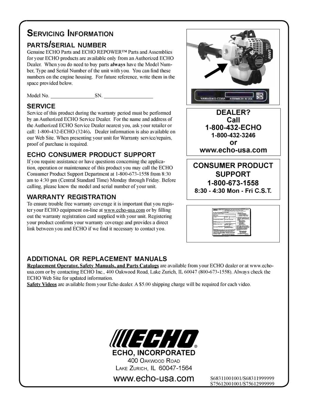 Echo PE-230 manual Servicing Information parts/serial number, Service, Echo consumer product support 