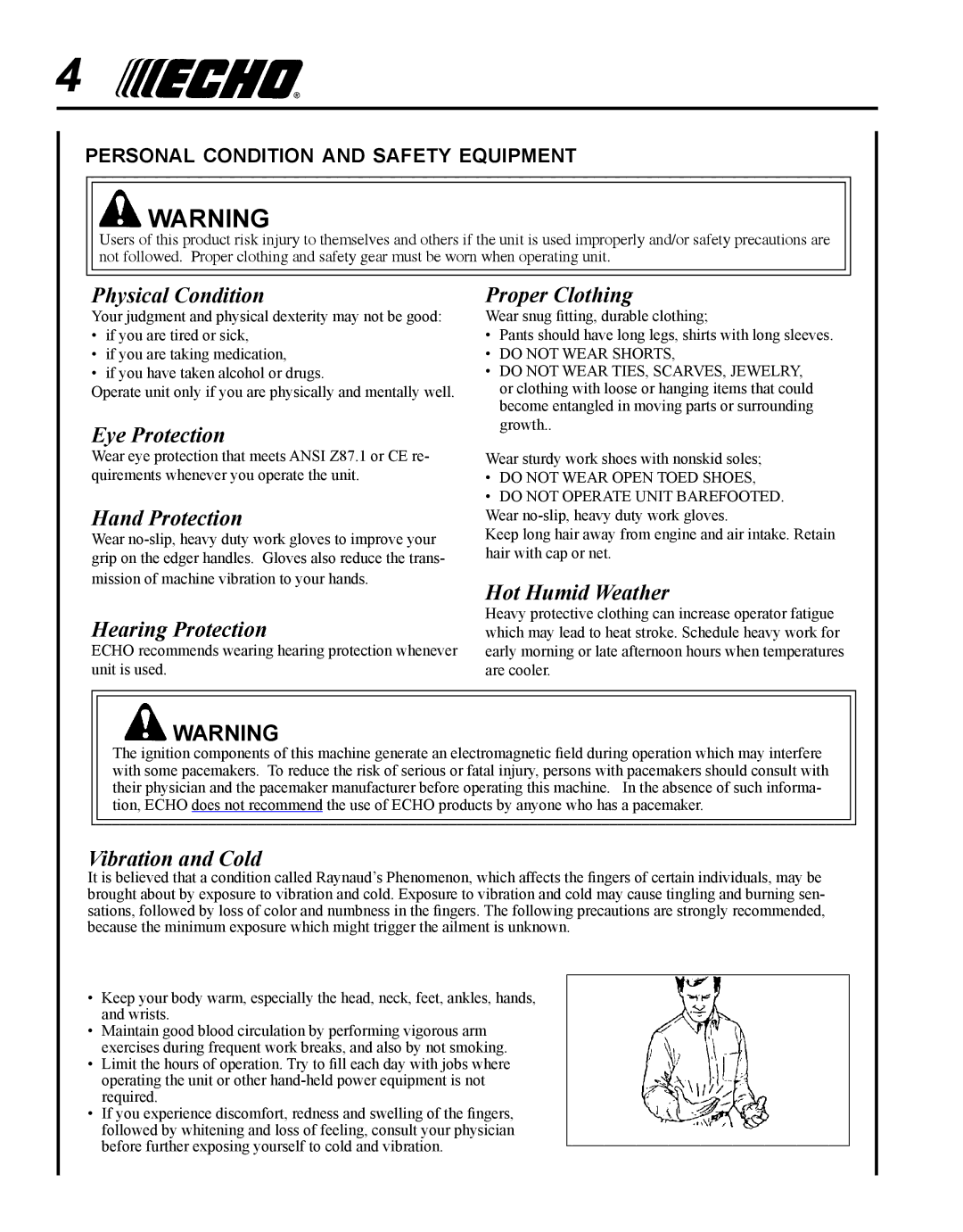 Echo PE-230 Physical Condition, Eye Protection, Hand Protection, Hearing Protection, Proper Clothing, Hot Humid Weather 