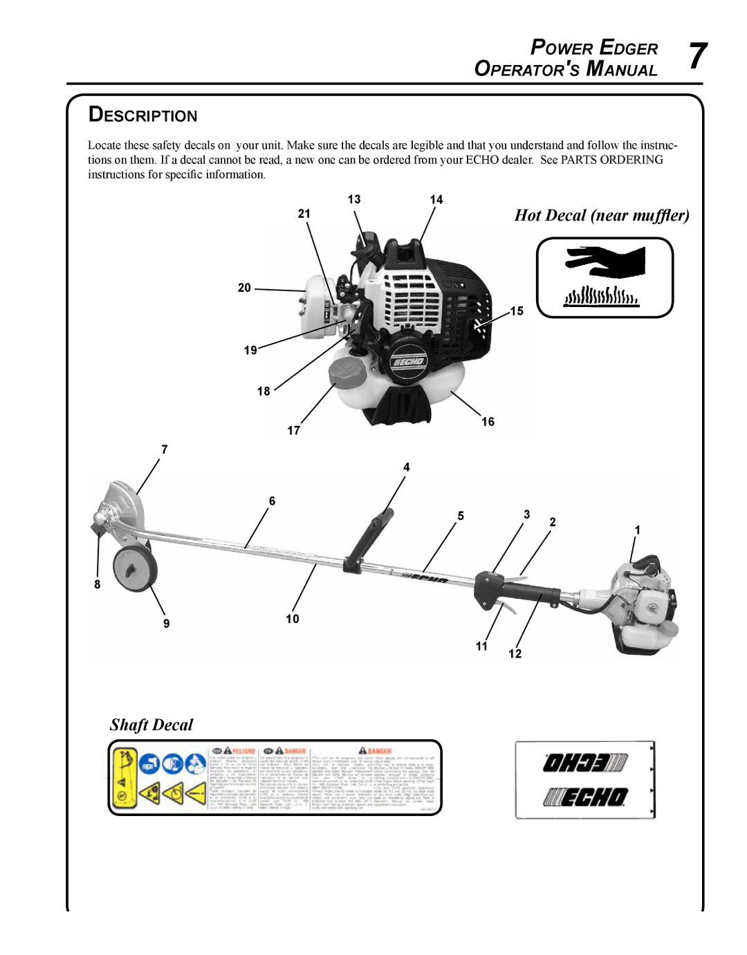 Echo PE-230 manual Hot Decal near muffler, Shaft Decal, Description 