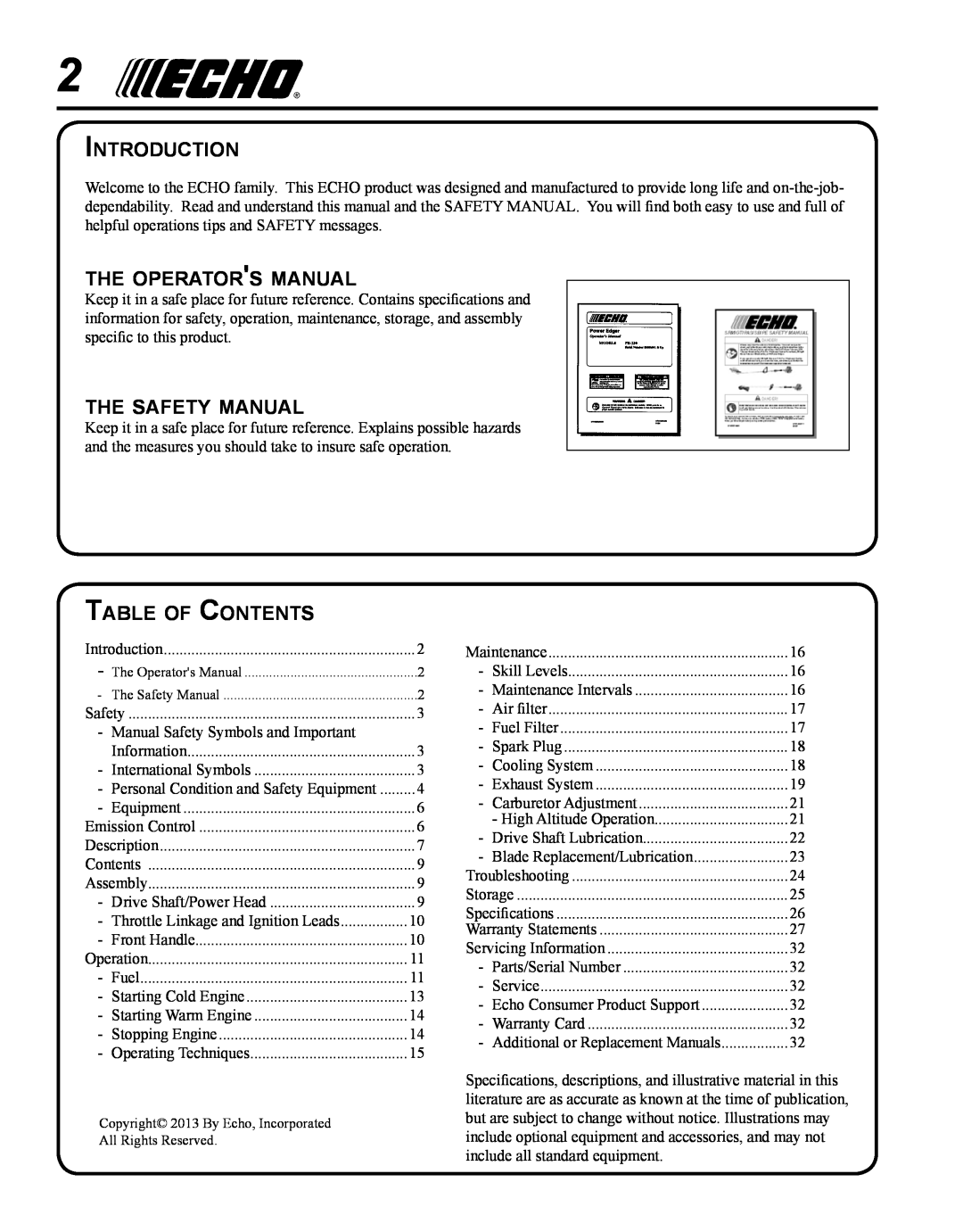 Echo PE-230 Introduction, the operators manual, the safety manual, Table of Contents 