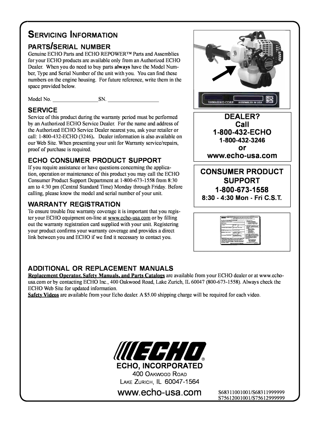 Echo PE-230 DEALER? Call 1-800-432-ECHO, Consumer Product Support, Echo, Incorporated, service, warranty registration 