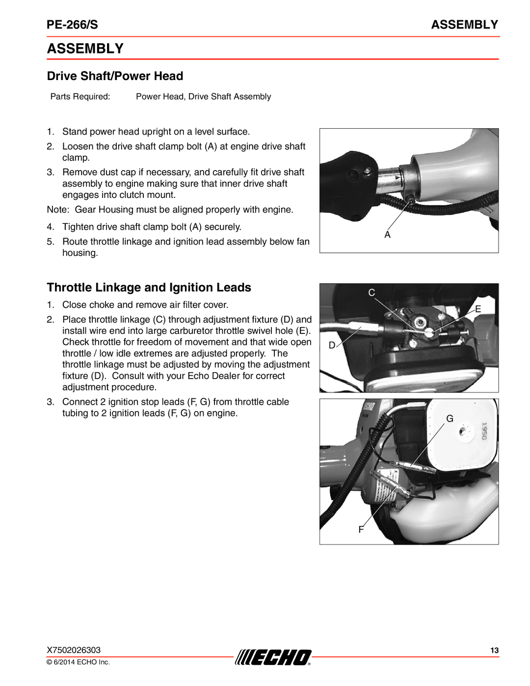 Echo PE-266/S specifications Assembly, Drive Shaft/Power Head, Throttle Linkage and Ignition Leads 