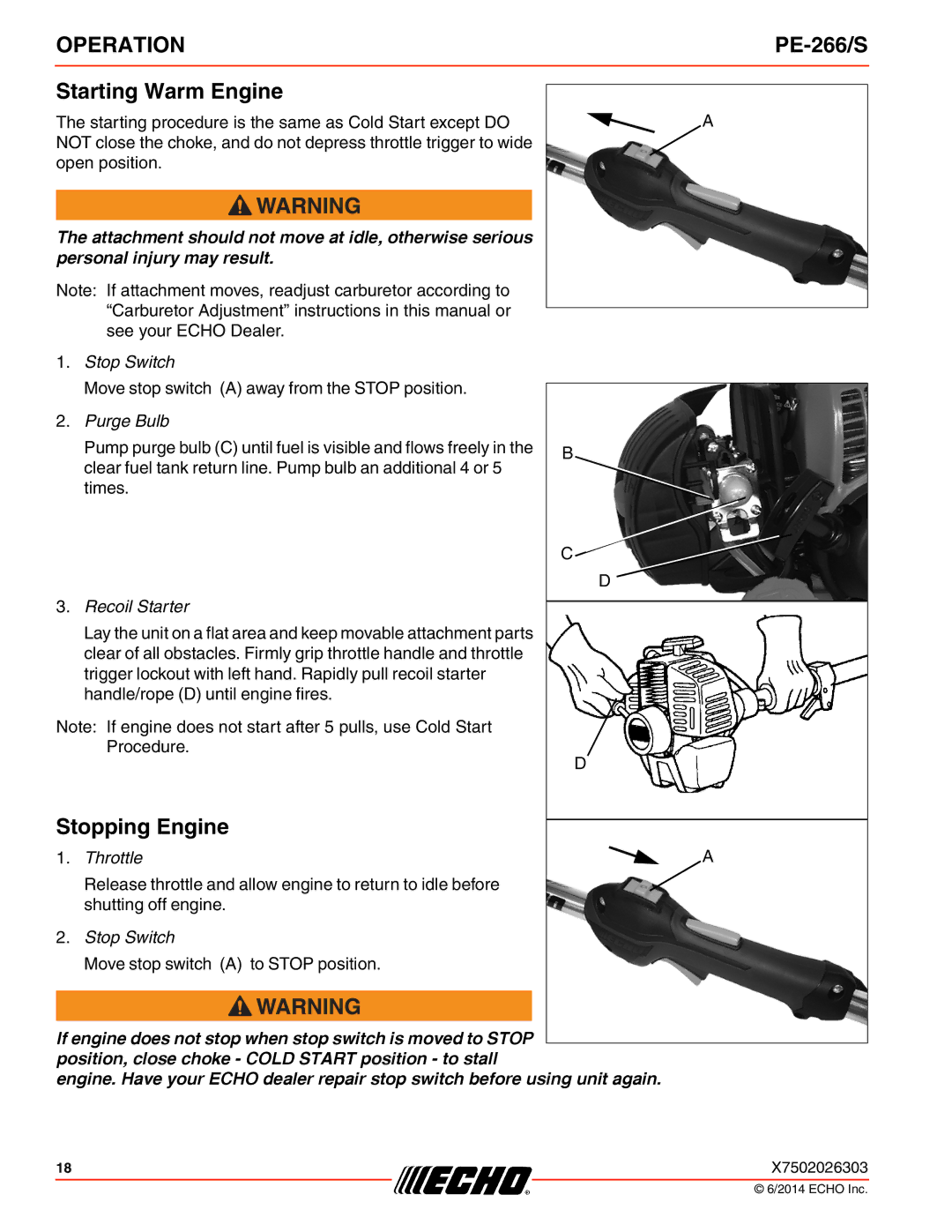 Echo PE-266/S specifications Starting Warm Engine, Stopping Engine 