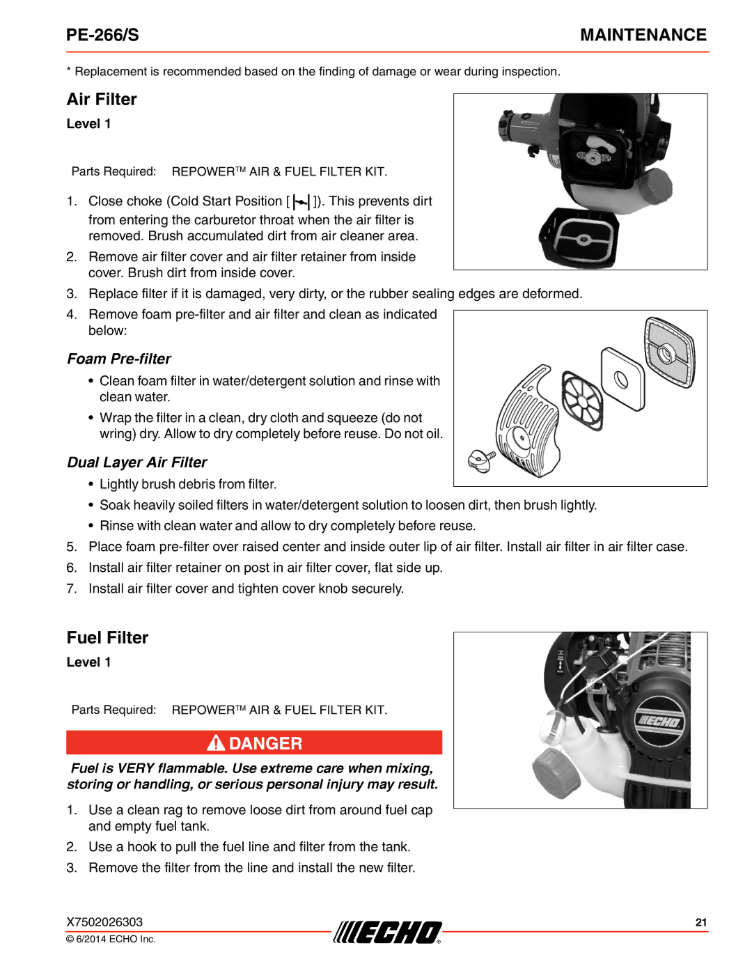 Echo PE-266/S specifications Air Filter, Fuel Filter 