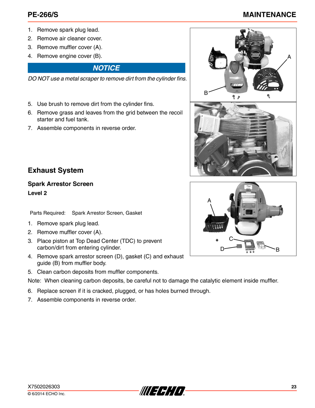 Echo PE-266/S specifications Exhaust System, Spark Arrestor Screen 