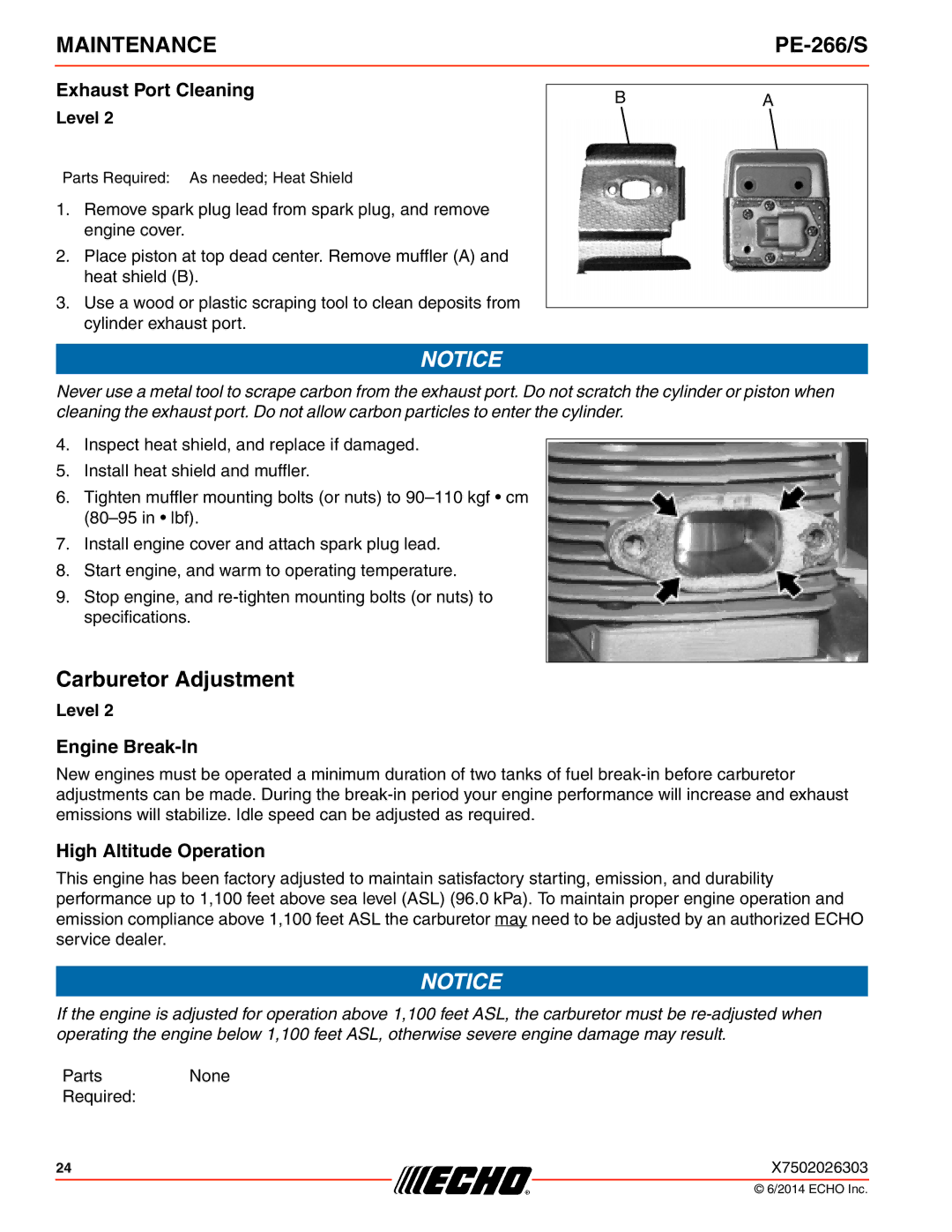 Echo PE-266/S specifications Carburetor Adjustment, Exhaust Port Cleaning, Engine Break-In, High Altitude Operation 