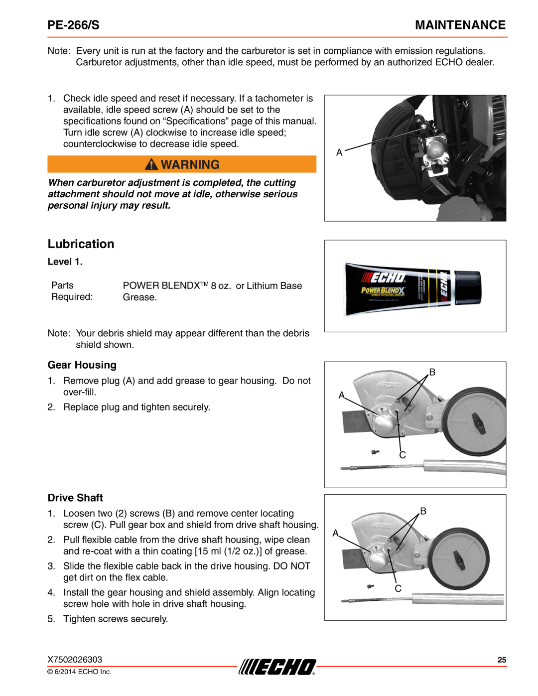 Echo PE-266/S specifications Lubrication, Gear Housing, Drive Shaft 