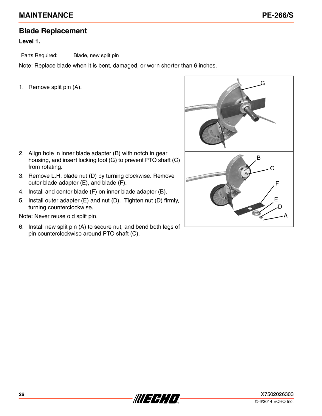 Echo PE-266/S specifications Blade Replacement 