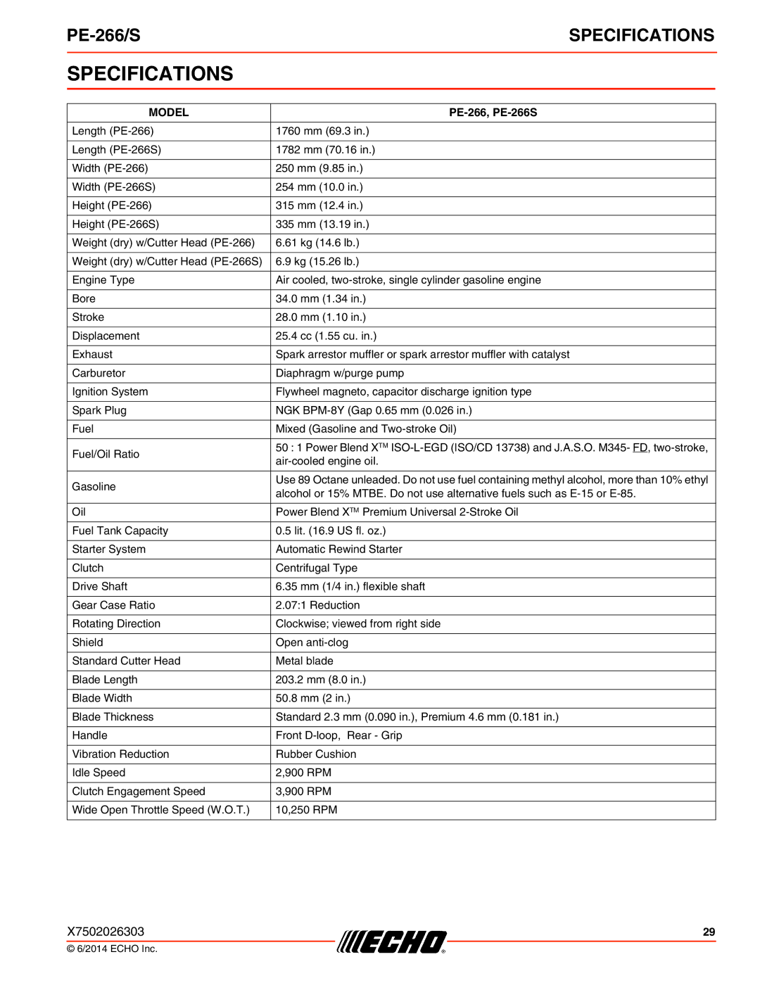 Echo PE-266/S specifications Specifications, Model 