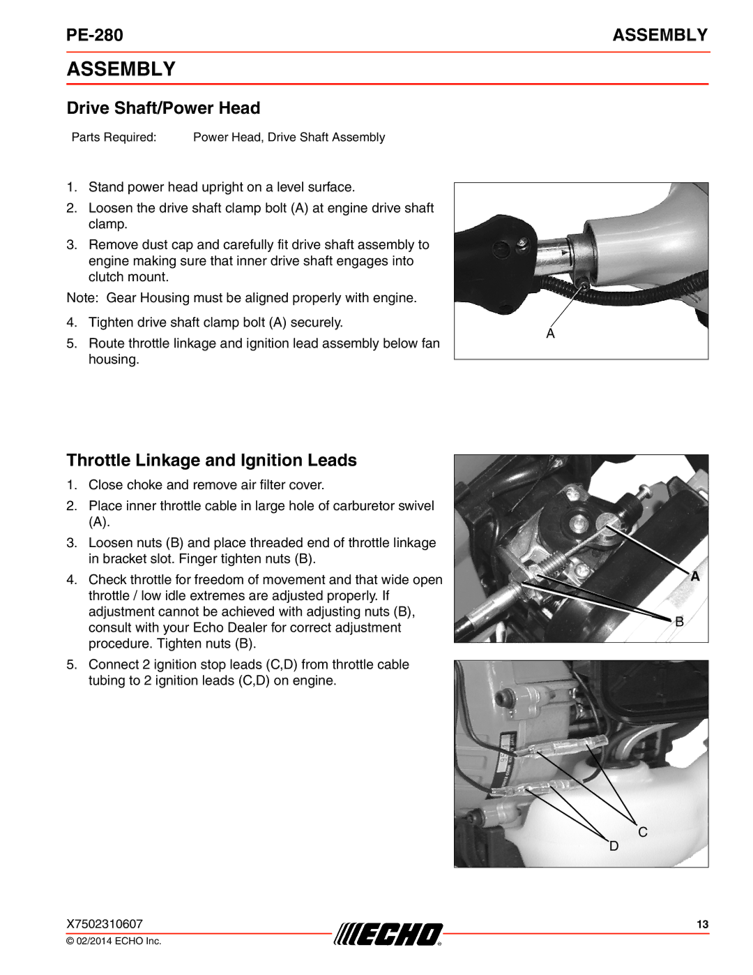 Echo PE-280 specifications Assembly, Drive Shaft/Power Head, Throttle Linkage and Ignition Leads 