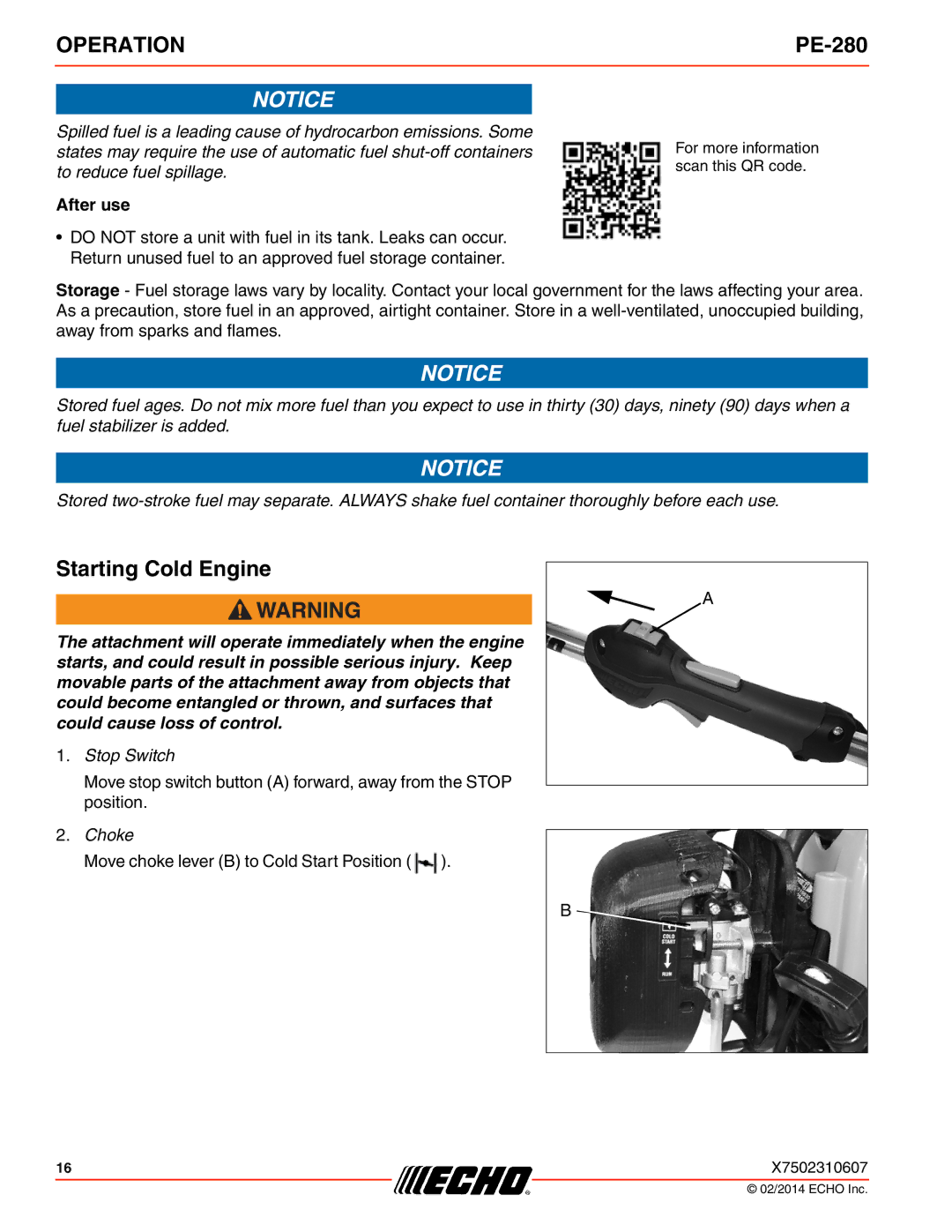 Echo PE-280 specifications Starting Cold Engine, After use 