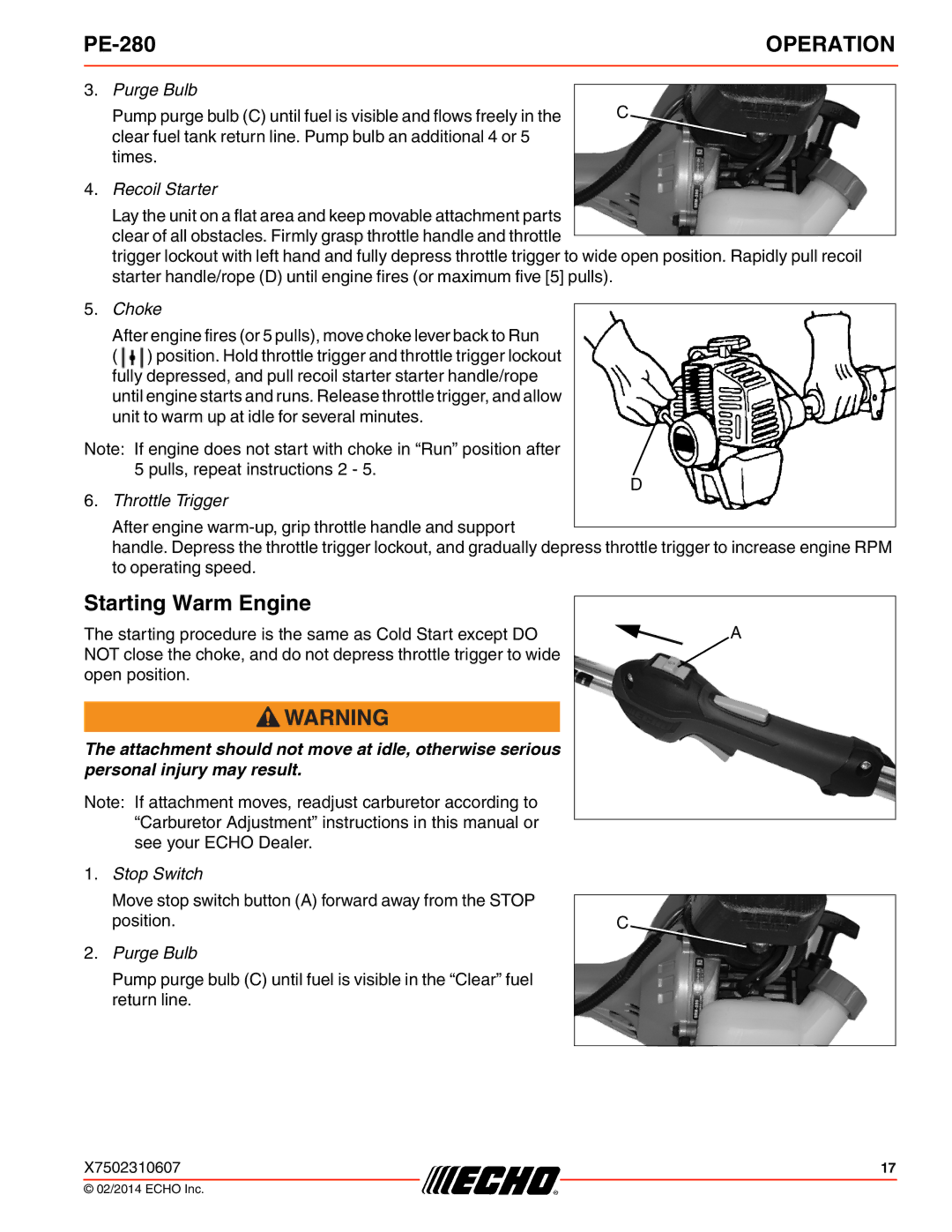 Echo PE-280 specifications Starting Warm Engine, Purge Bulb 