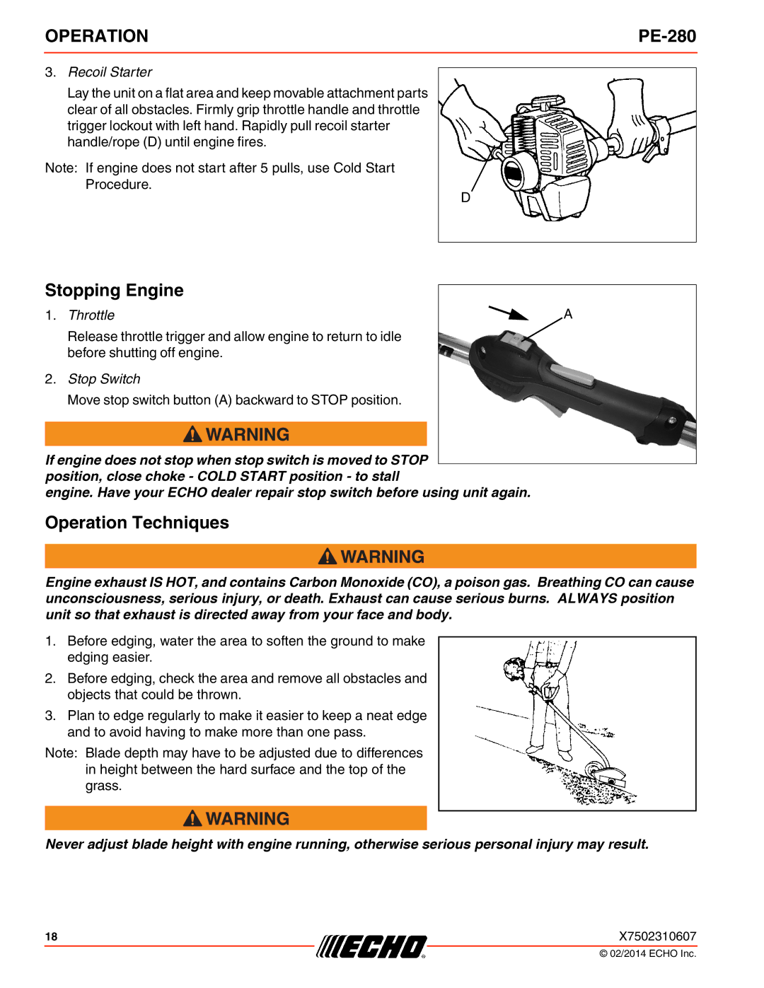 Echo PE-280 specifications Stopping Engine, Operation Techniques 