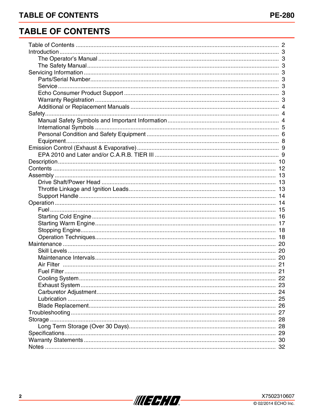 Echo PE-280 specifications Table of Contents 