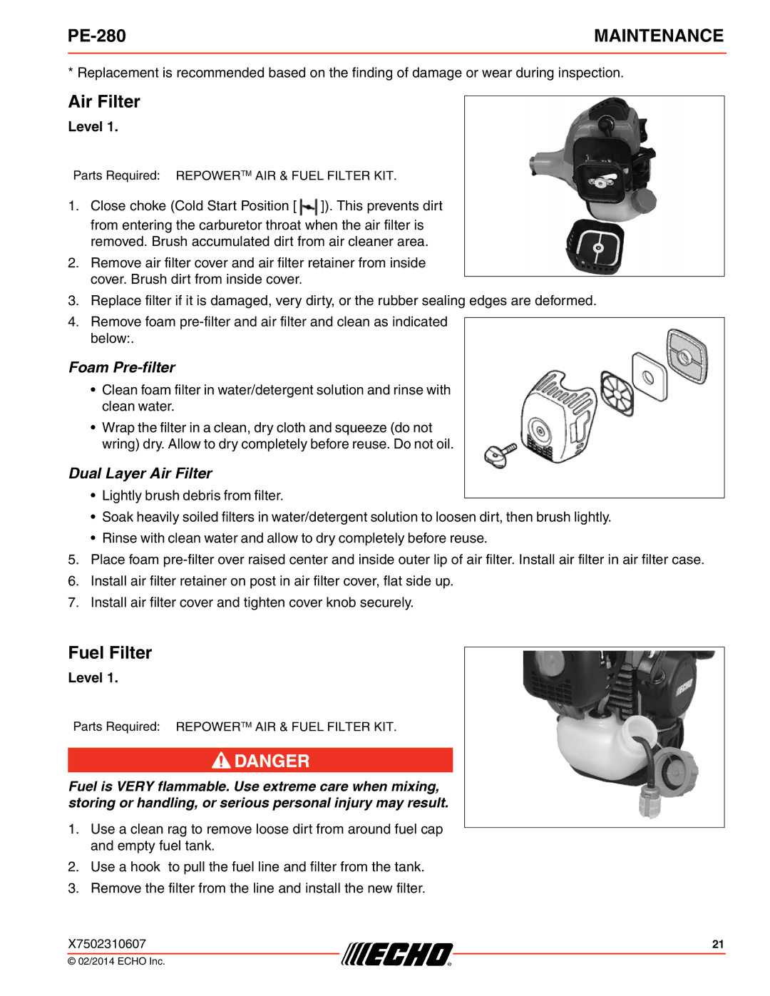 Echo PE-280 specifications Air Filter, Fuel Filter 