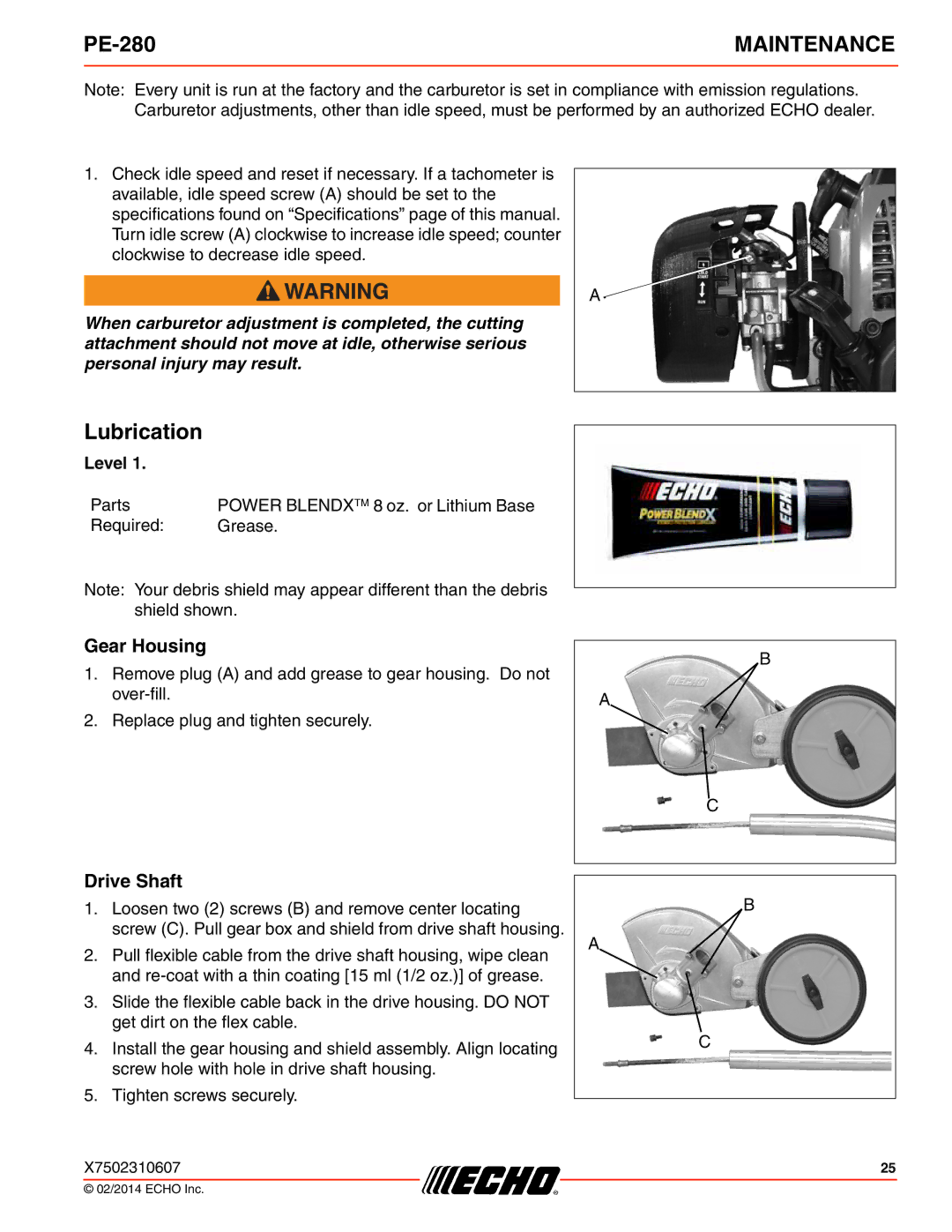 Echo PE-280 specifications Lubrication, Gear Housing, Drive Shaft 