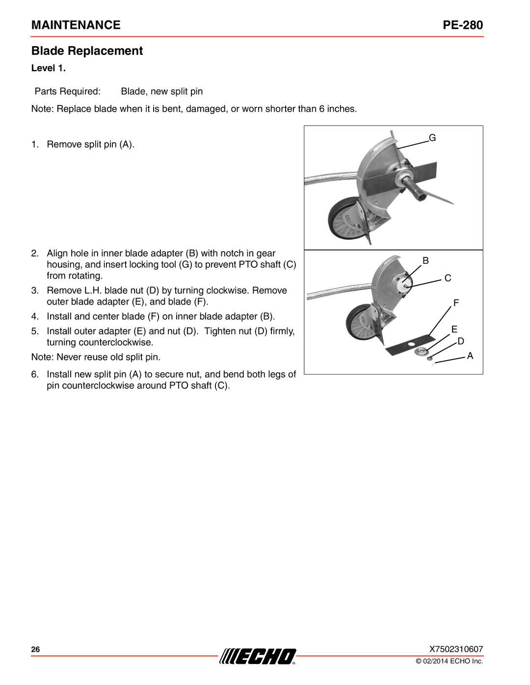 Echo PE-280 specifications Blade Replacement 