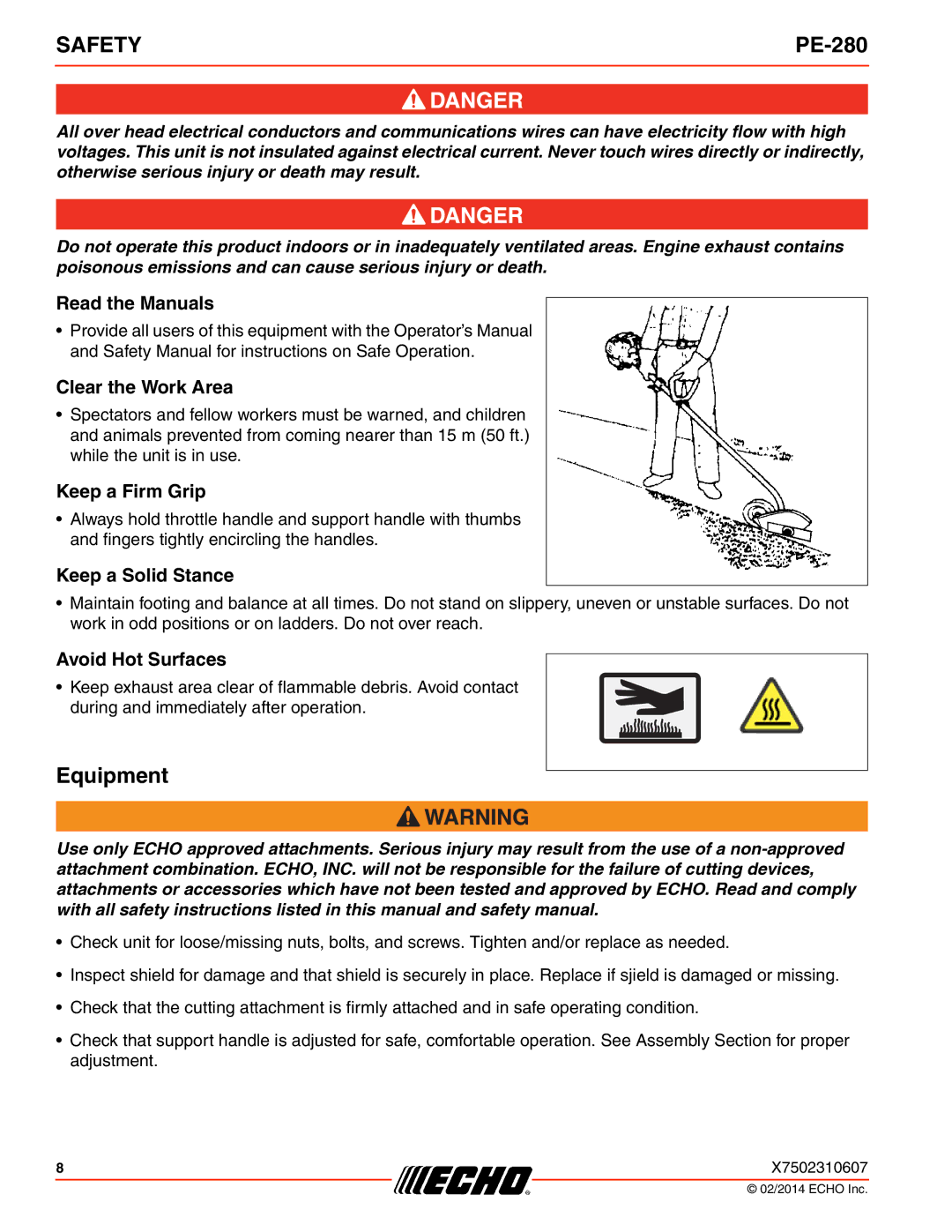 Echo PE-280 specifications Equipment 