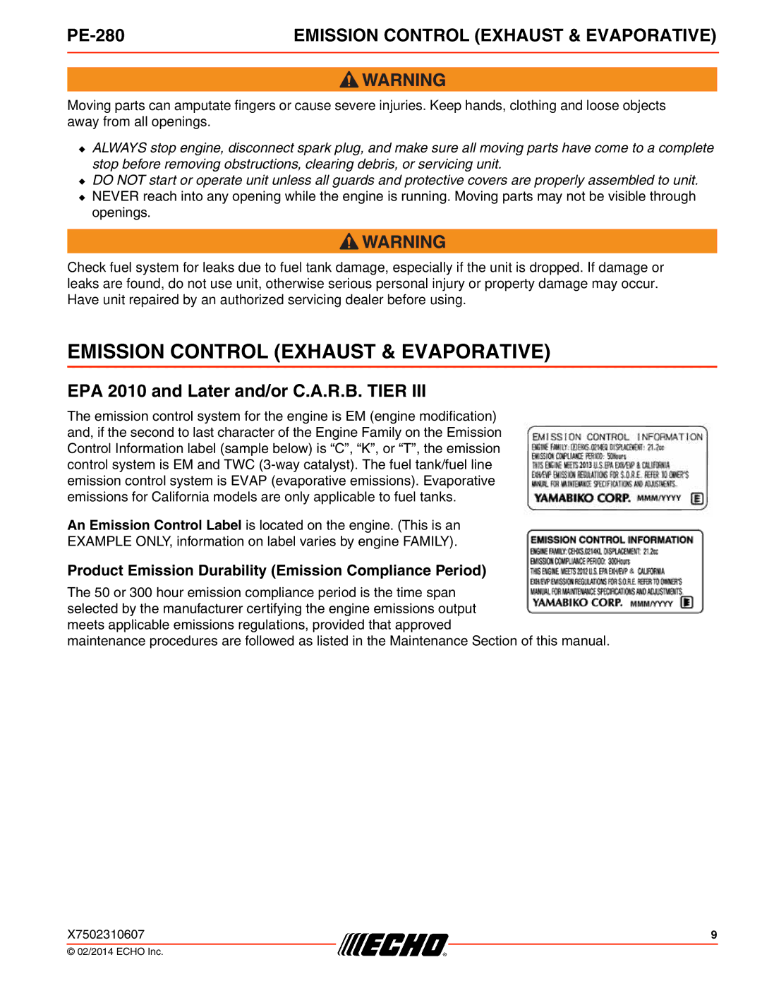 Echo PE-280 specifications Emission Control Exhaust & Evaporative, EPA 2010 and Later and/or C.A.R.B. Tier 