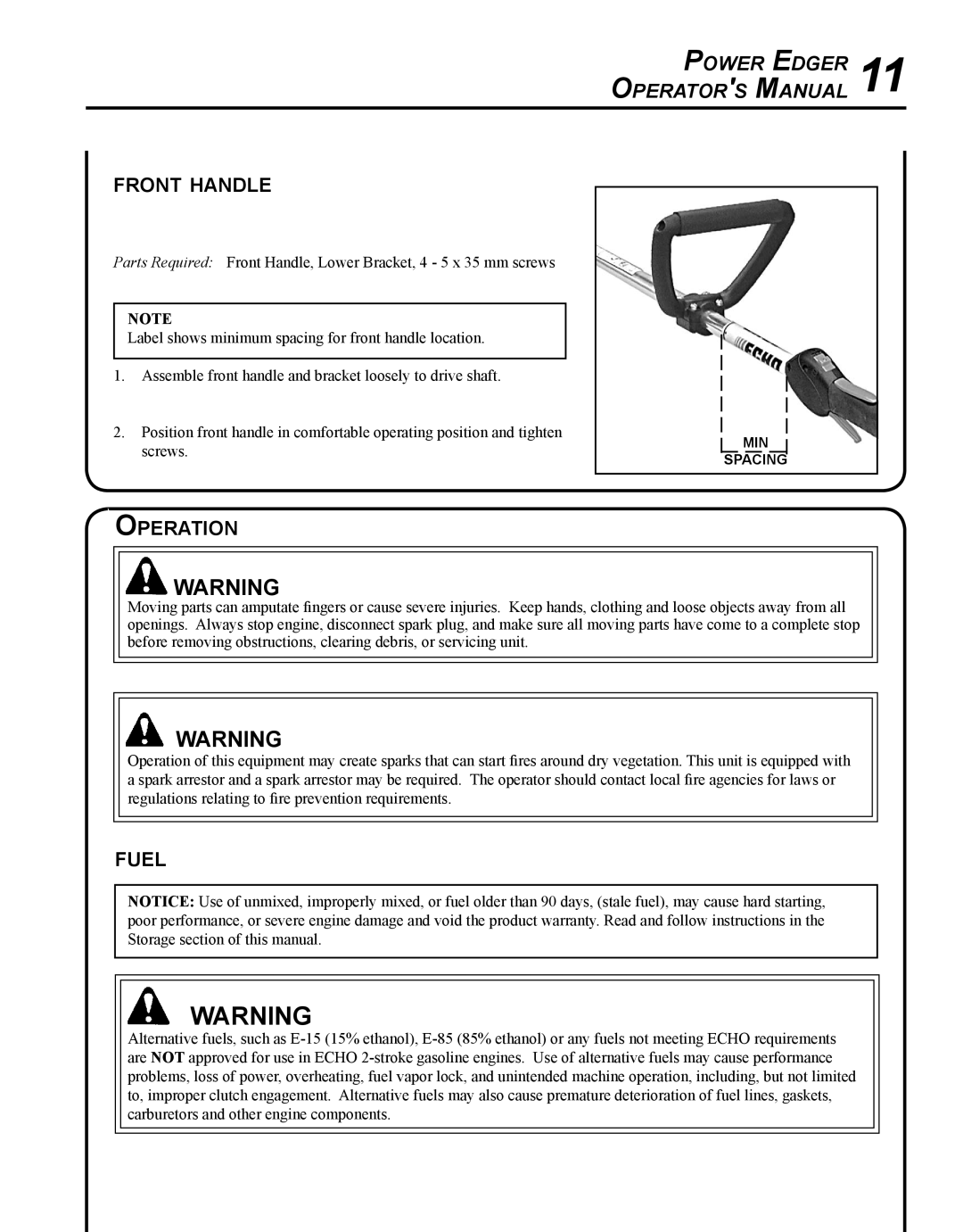 Echo PE-280 manual Power MEdger 11 perator s anual, Front handle, Operation, Fuel 