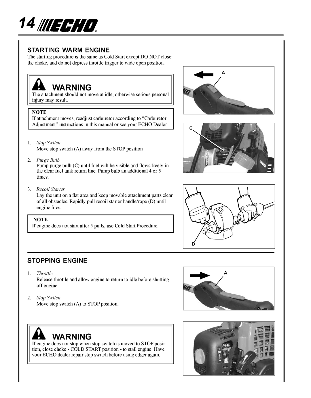 Echo PE-280 manual Starting warm engine, Stopping engine 