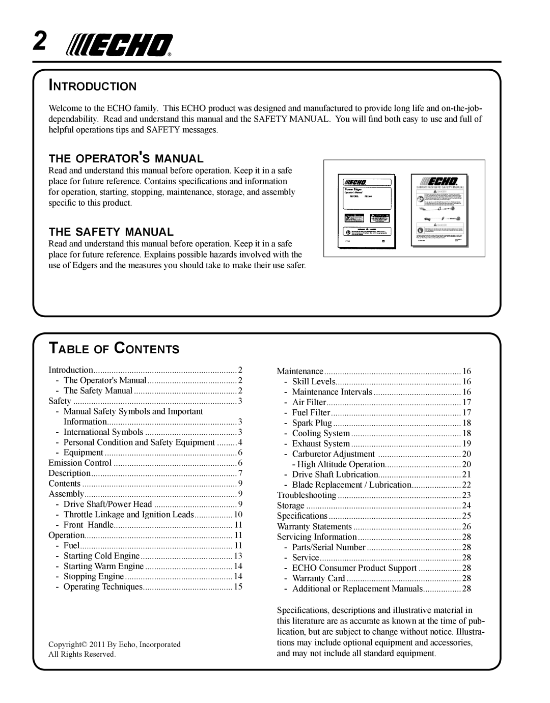 Echo PE-280 Introduction, Operators manual, Safety manual, Table of Contents 