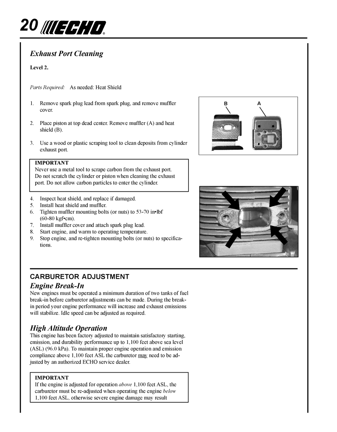 Echo PE-280 manual Exhaust Port Cleaning, Engine Break-In, High Altitude Operation, Carburetor adjustment 