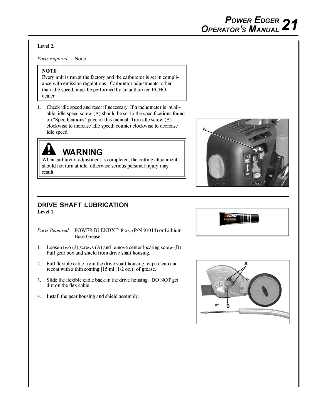 Echo PE-280 manual Power MEdger 21 perator s anual, Drive shaft lubrication 