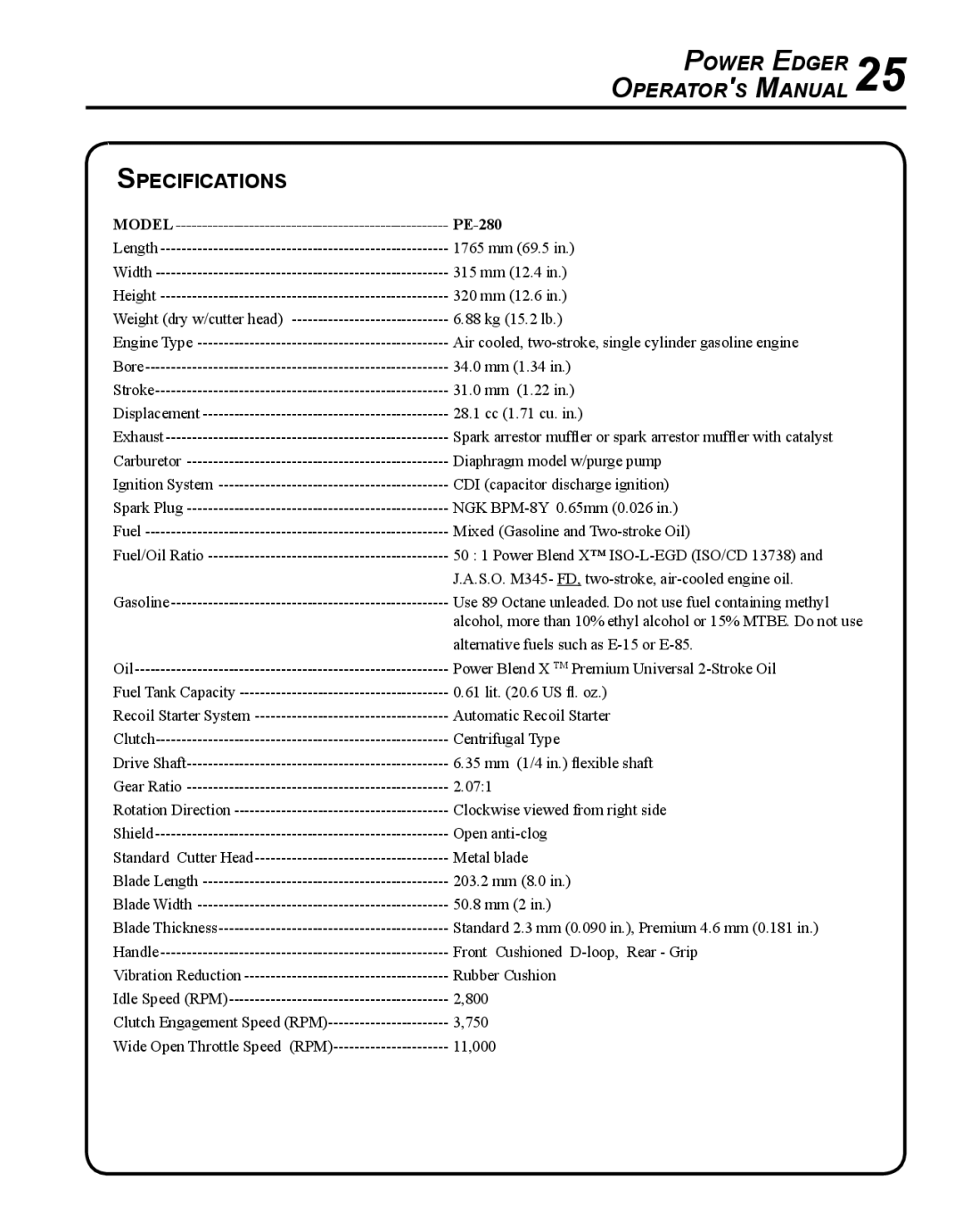 Echo manual Specifications, Model PE-280 