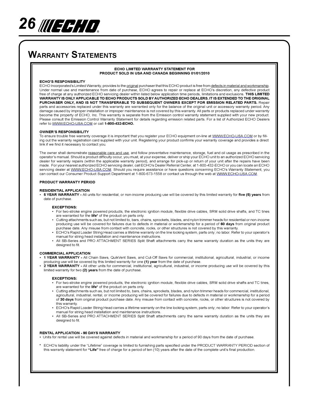 Echo PE-280 manual Warranty Statements, Exceptions 