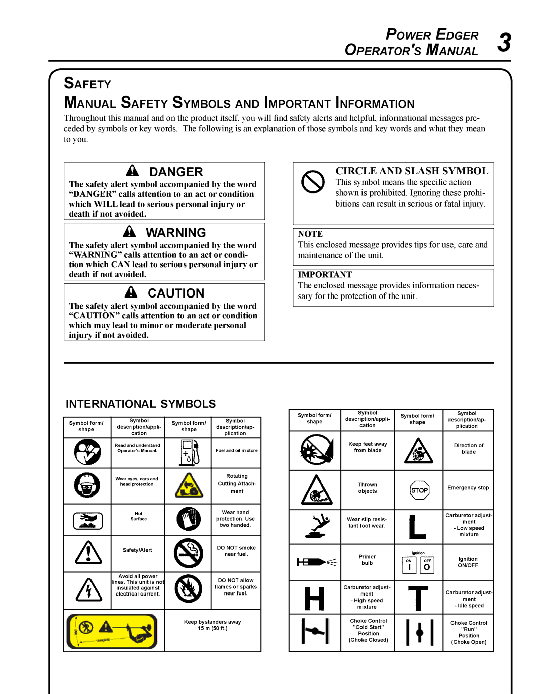 Echo PE-280 Power Edger Operators Manual, Safety Manual Safety Symbols and Important Information, International symbols 