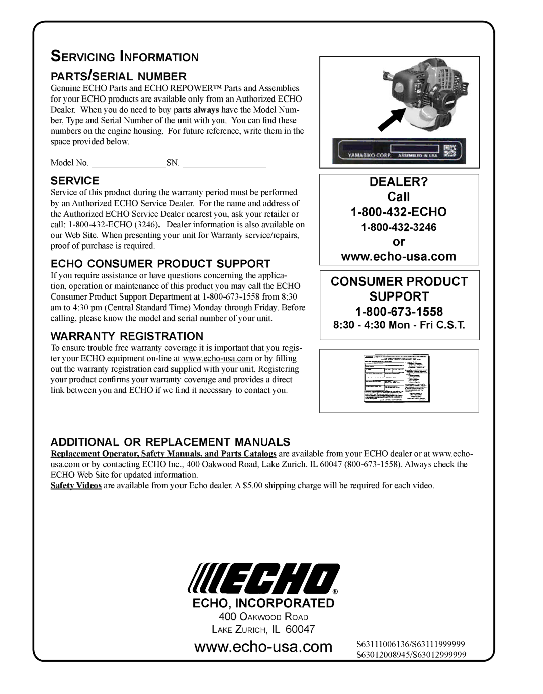 Echo PE-280 manual Servicing Information parts/serial number, Service, Echo consumer product support 