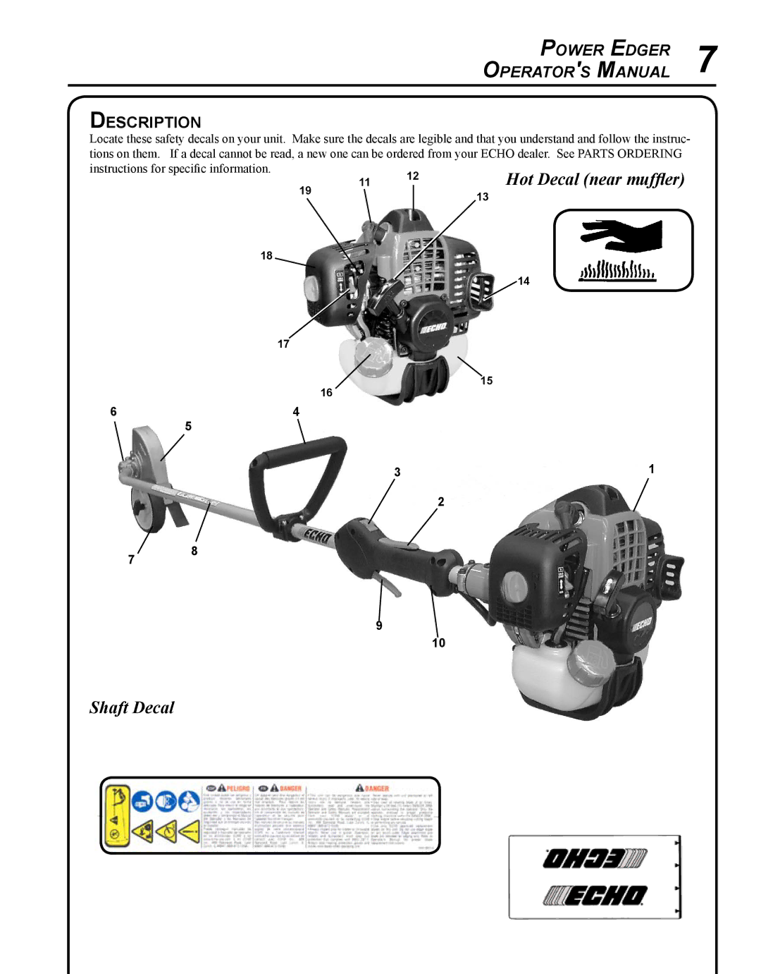 Echo PE-280 manual Hot Decal near muffler Shaft Decal, Power Edger Operator s Manual Description 