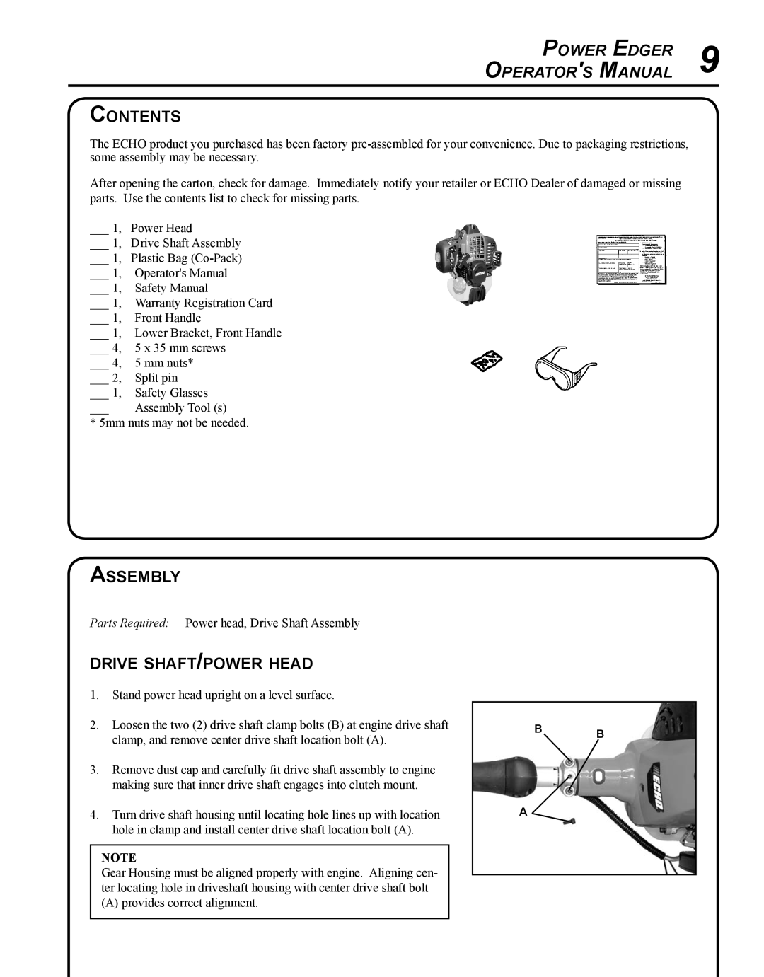 Echo PE-280 manual Contents, Assembly, Drive shaft/power head 