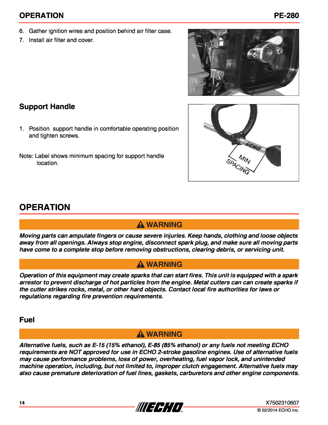 Echo PE-280 specifications Operation, Support Handle, Fuel 