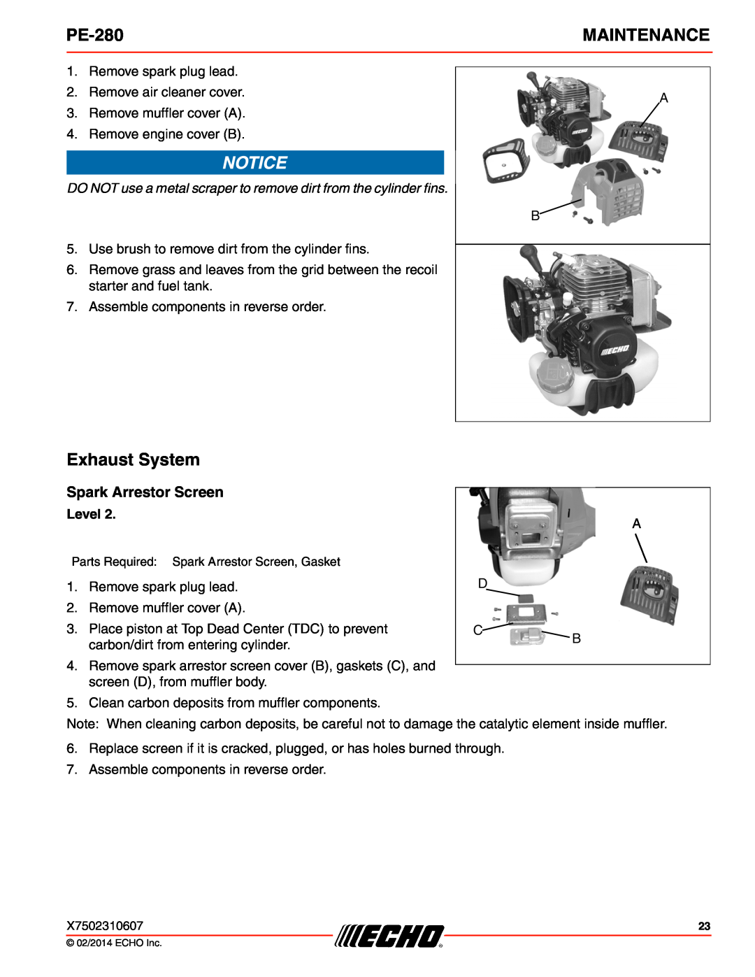 Echo PE-280 specifications Exhaust System, Spark Arrestor Screen, Maintenance, Level 