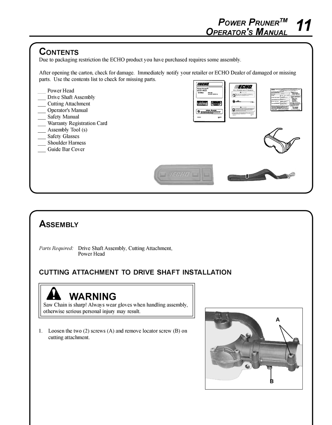 Echo PPF-280 manual Power PrunerTM Operators Manual, Contents, Assembly, Cutting attachment to drive shaft installation 