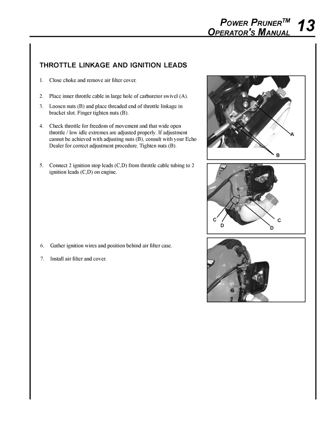 Echo PPF-280 manual Power PrunerTM 13 Operators Manual, Throttle linkage and ignition leads 