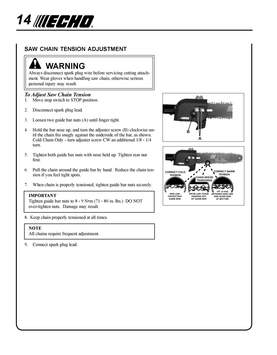 Echo PPF-280 manual Saw chain tension adjustment, To Adjust Saw Chain Tension 